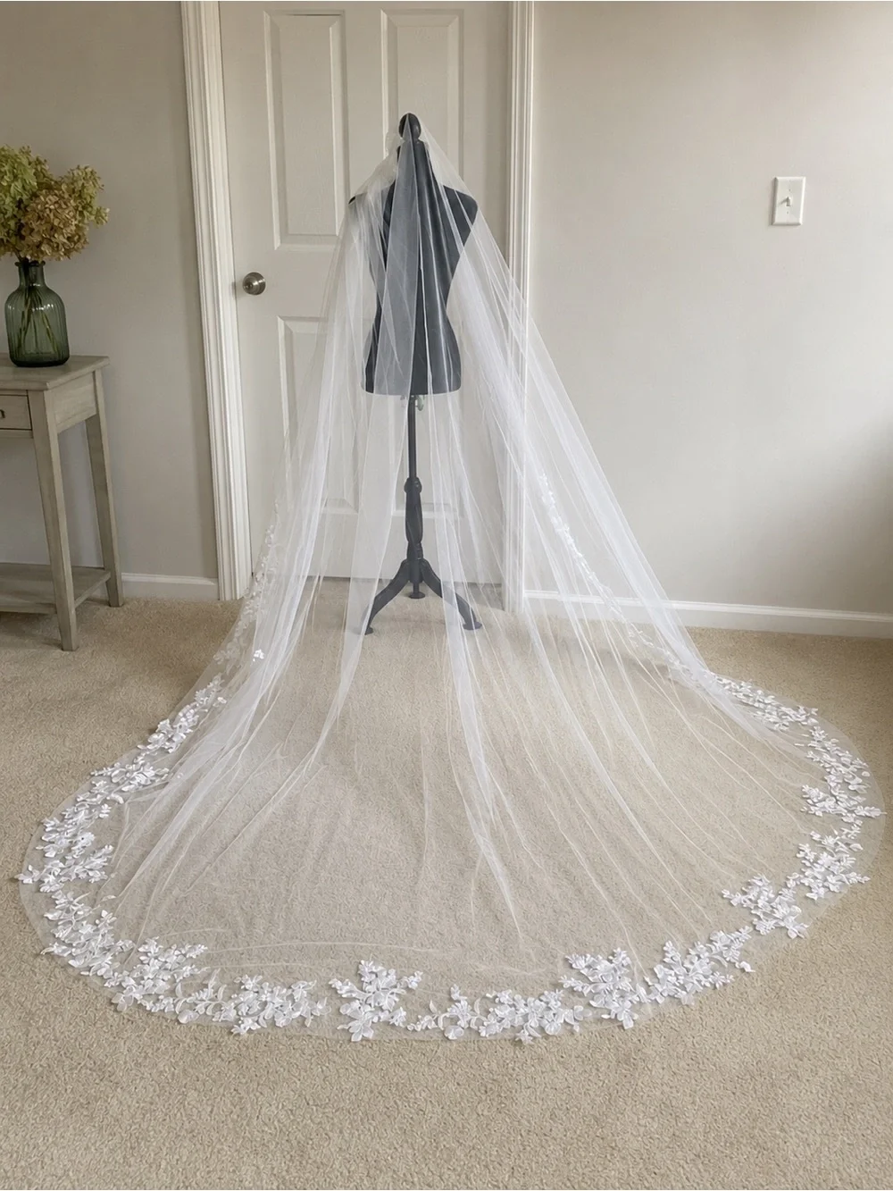 Cathedral-Length off White Bridal Veil with Lace Appliqué Edge